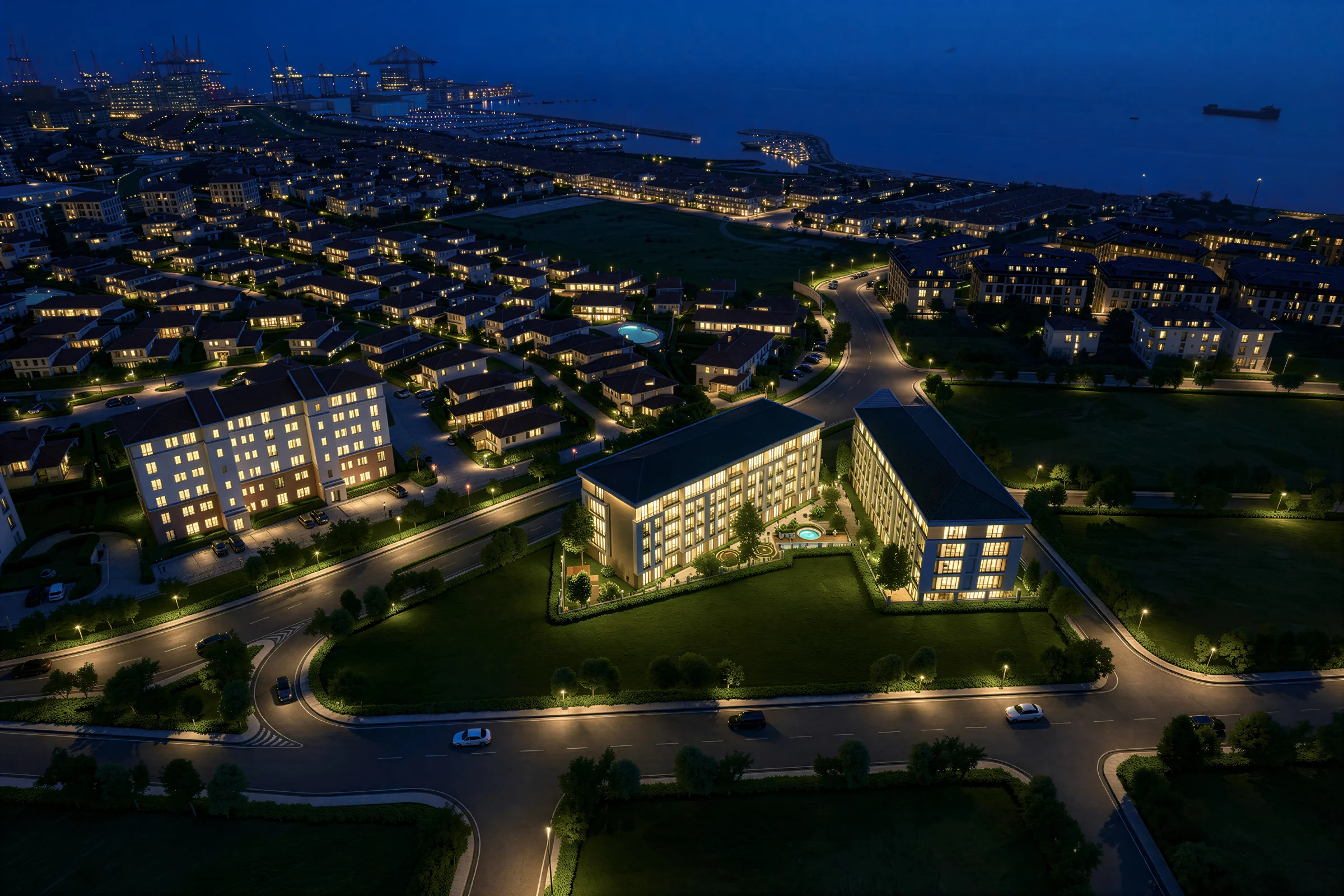 Diamond Marin gün batımı drone renderı ve blok yerleşimi